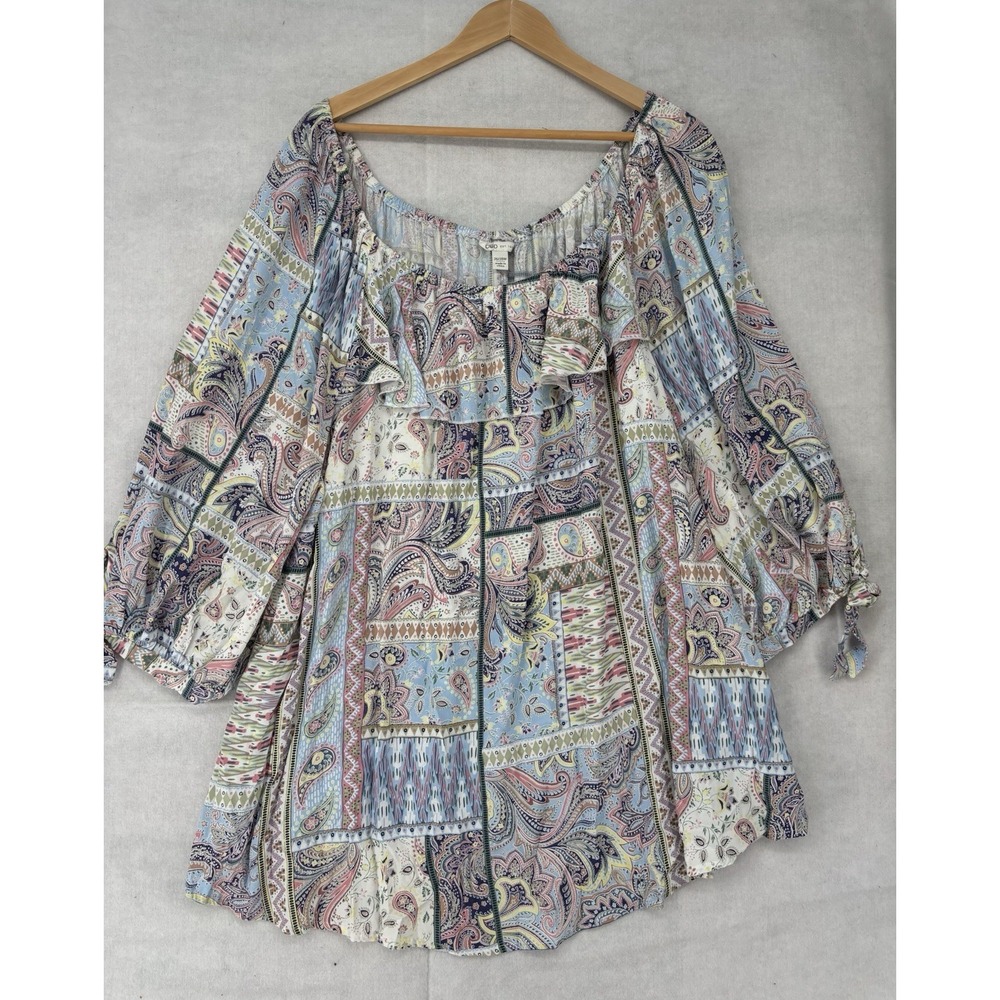 Cato Top Womens Size 26/28 Floral Patchwork Print 3/4 Tie Sleeve Blouse